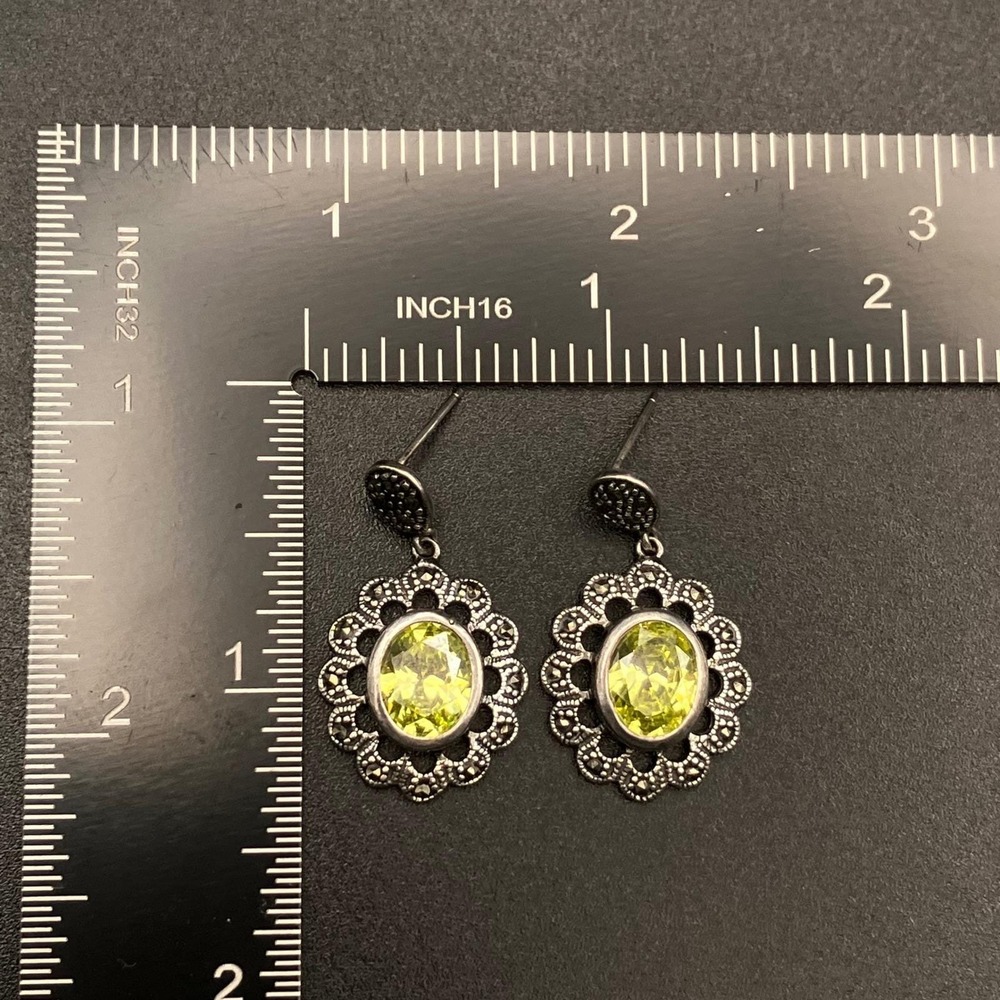 Sterling Silver Earrings Green Stone Marcasite Drop 1.125" - Picture 8 of 10